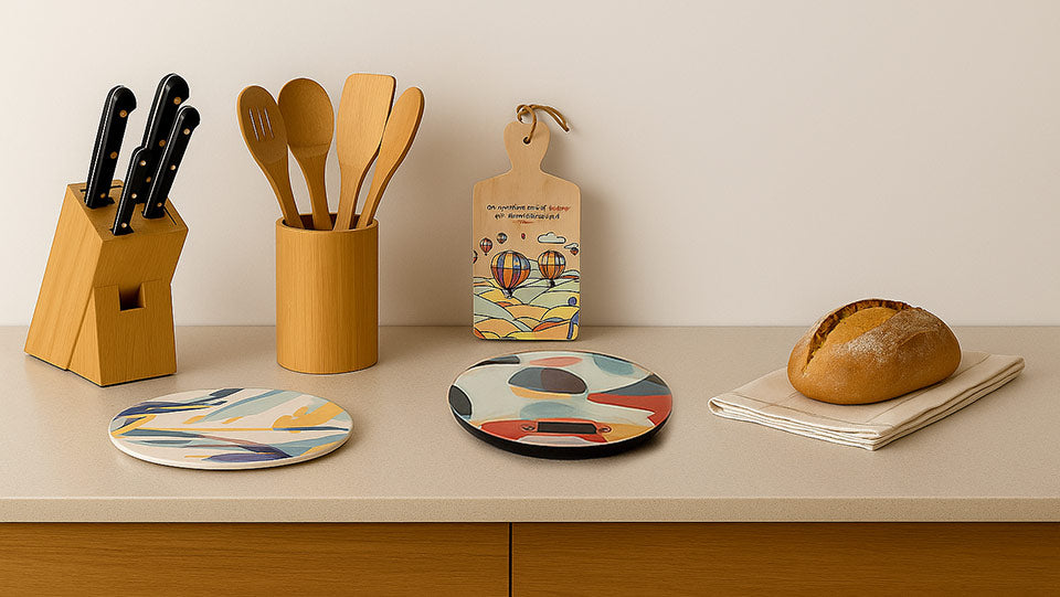 Piano cucina moderno con ceppo di coltelli, mestoli in legno, tagliere in legno decorato, bilancia digitale e sottopentola di design accanto a pane artigianale su canovaccio.