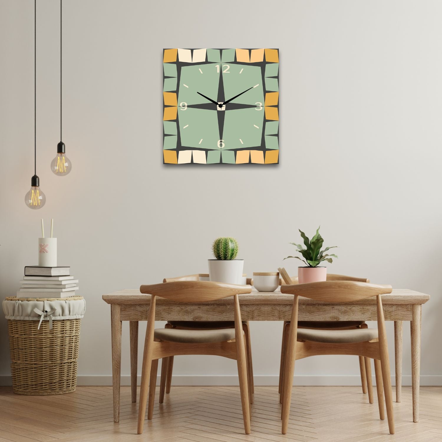 orologio da parete moderno quadrato in  una sala da pranzo