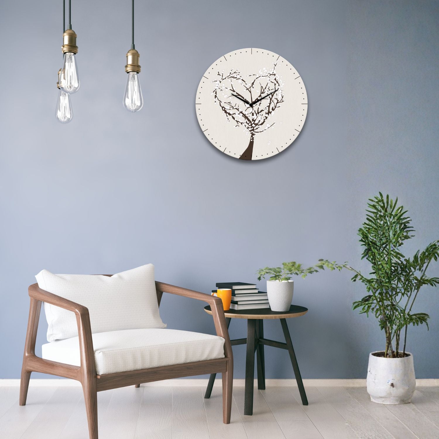 orologio da parete tondo Fiorcuore Bianco ambientato in un angolo lettura