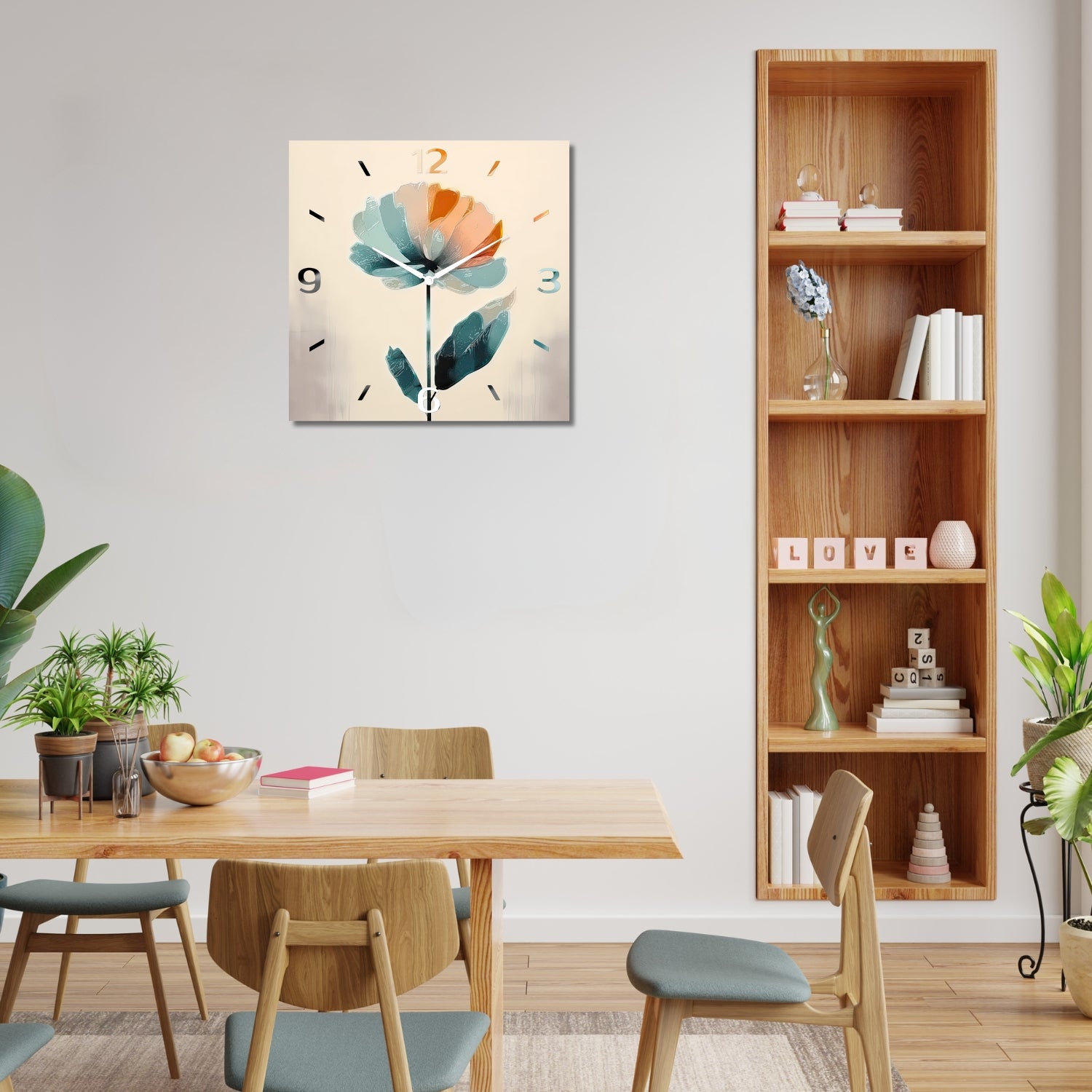 orologio da parete quadrato con un fiore di colori neutri e caldi ambientato in una sala da pranzo