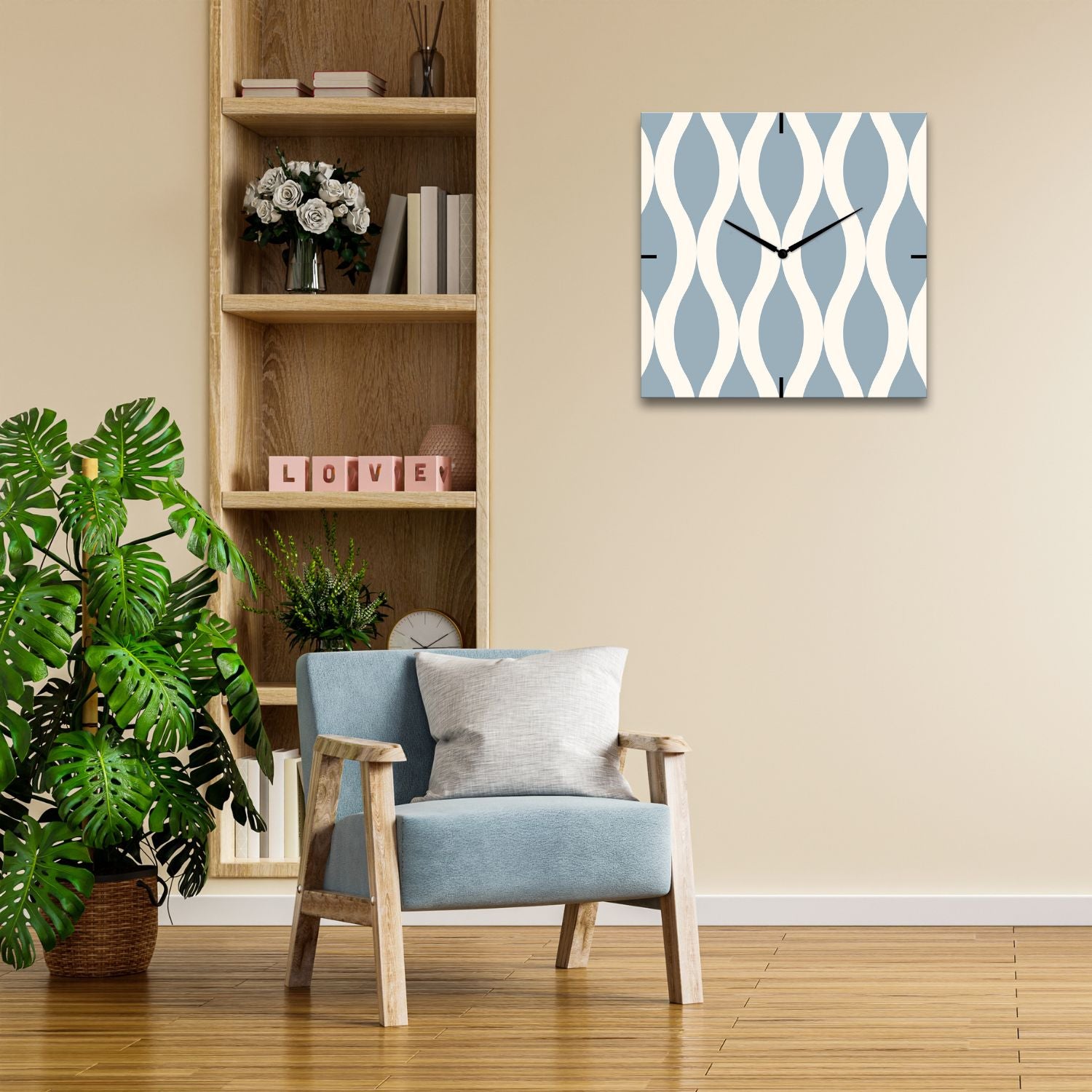 orologio da parete moderno colore azzurro polvere ambientato in un soggiorno moderno