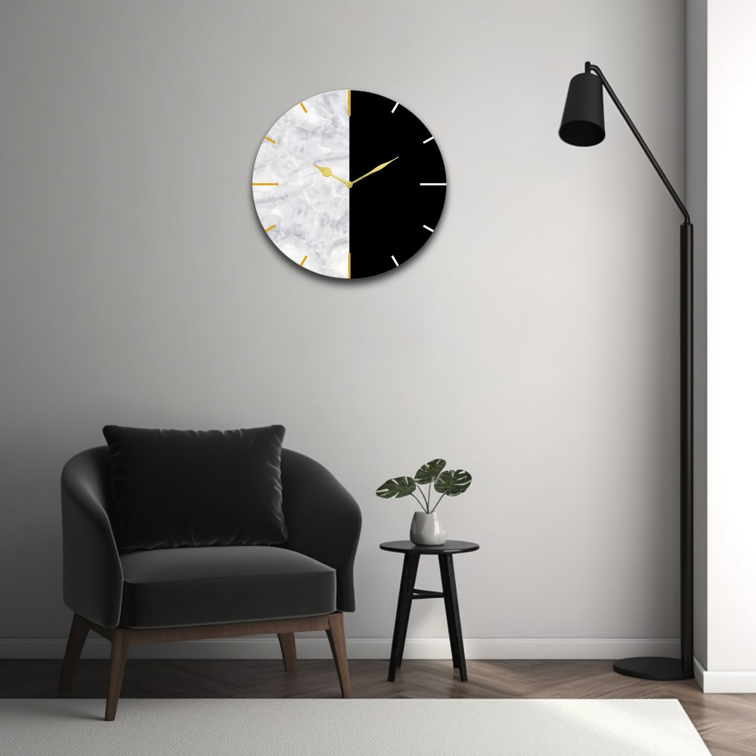 orologio da parete rotondo effetto marmo bianco e nero in un moderno angolo lettura 