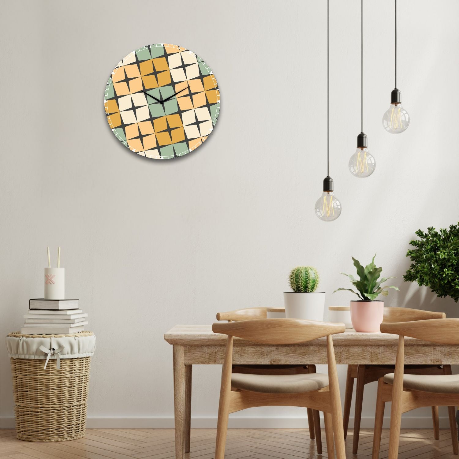 Orologio da parete tondo Diamanti ambientato in una sala da pranzo