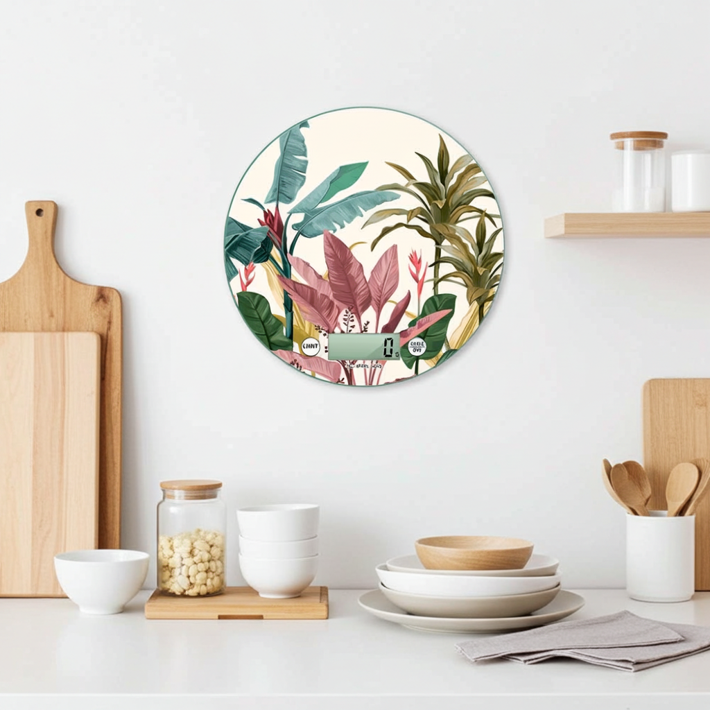 Bilancia digitale Banana Leaves appesa in cucina luminosa con accessori in legno e ceramica
