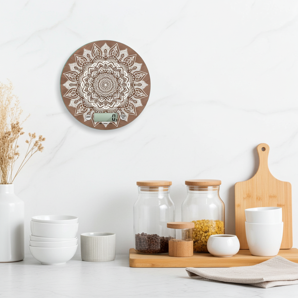 Bilancia digitale Mandala appesa a parete in cucina chiara con barattoli, tagliere e accessori naturali
