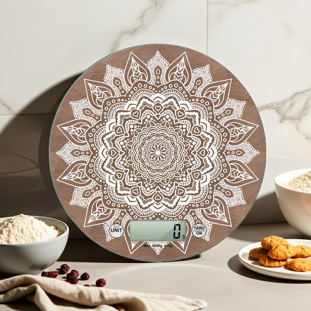 Bilancia digitale Mandala in vetro su piano cucina con farine, biscotti e luce naturale