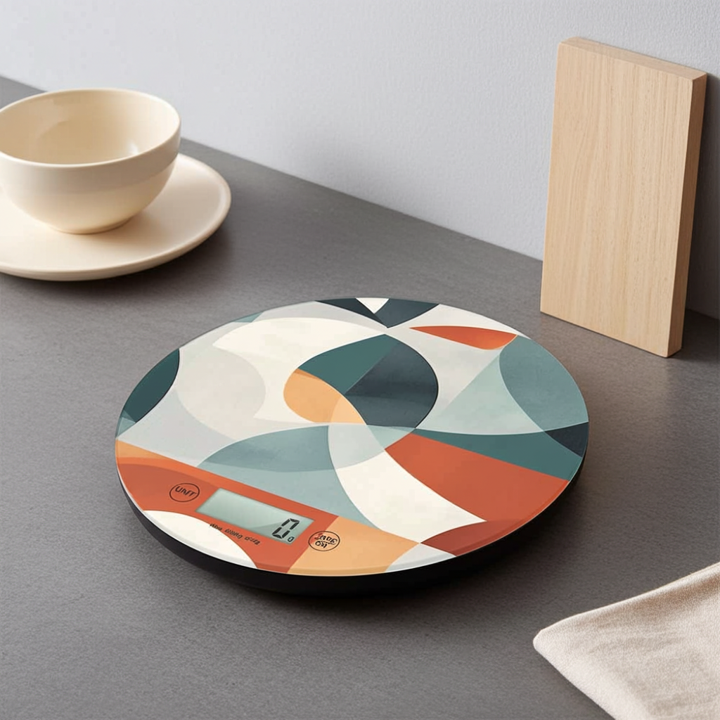 bilancia da cucina digitale dallo stile minimalista e moderno, sui toni del rosso e arancione, con sfondo beige e blu, appoggiata su un piano di lavoro antracite