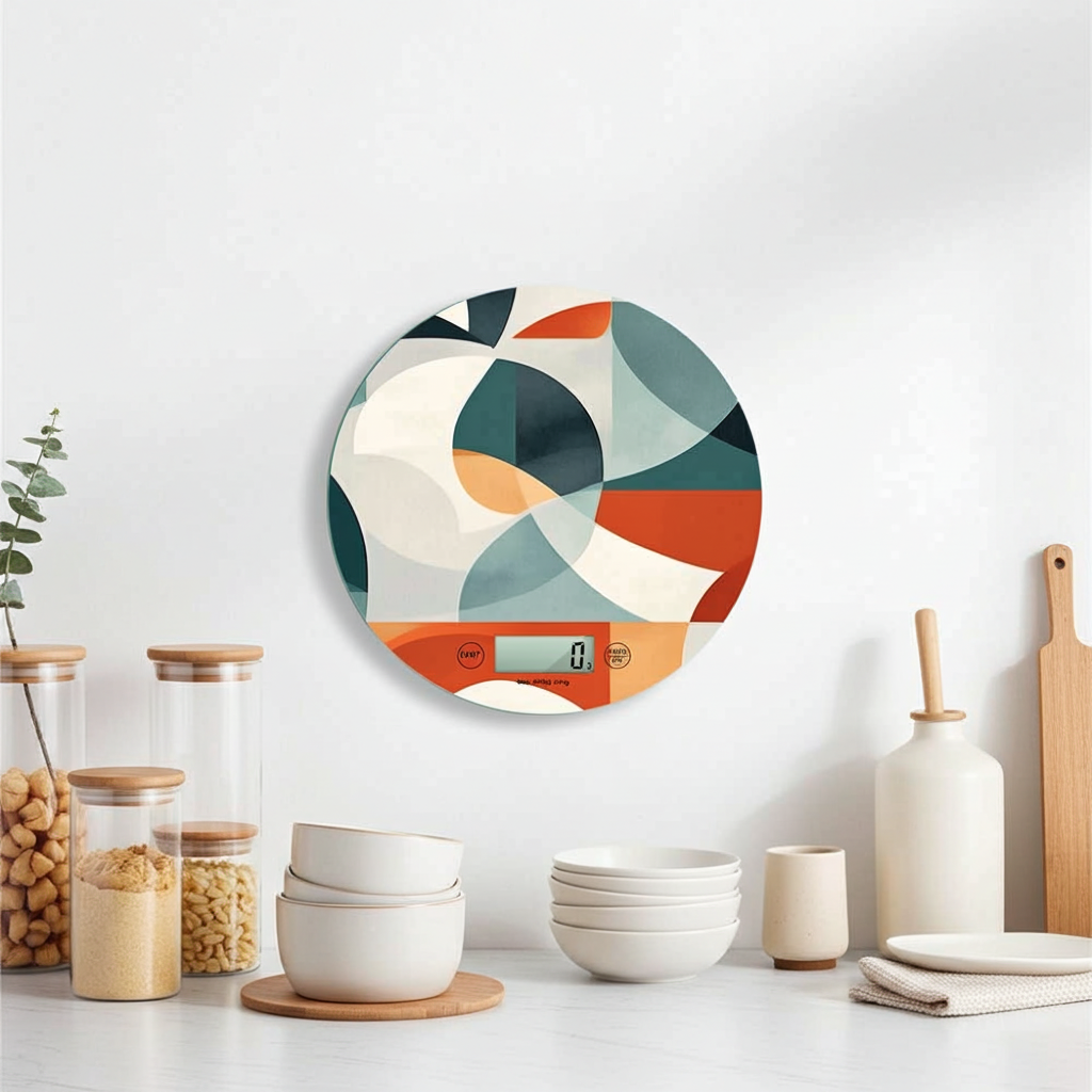 bilancia da cucina digitale moderna  appesa su una parete bianca in una cucina minimalista. 