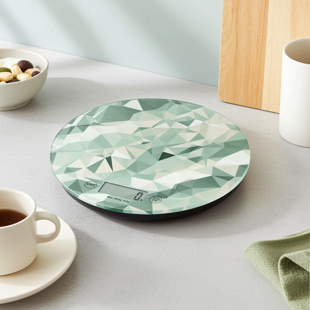 bilancia digitale rotonda con decoro geometrico verde su un piano cucina minimal