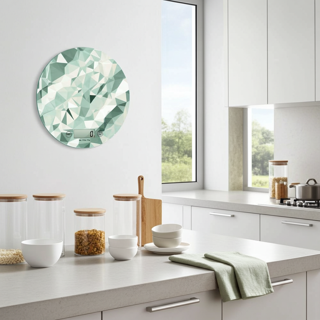 cucina moderna e minimal con una bilancia verde con decoro geometrico appesa sulla parete 