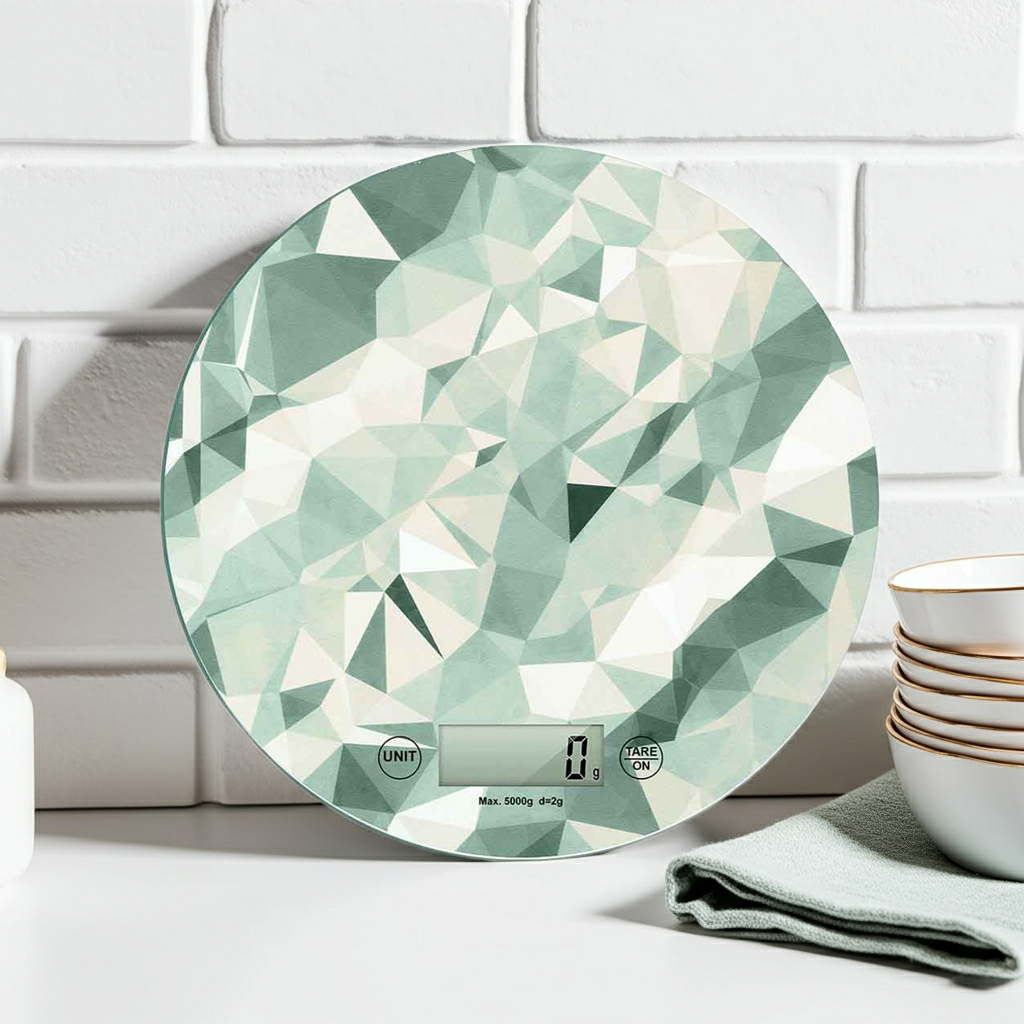 bilancia digitale da cucina con soggetto geometrico verde appoggiato su un piano da lavoro di una cucina moderna bianca
