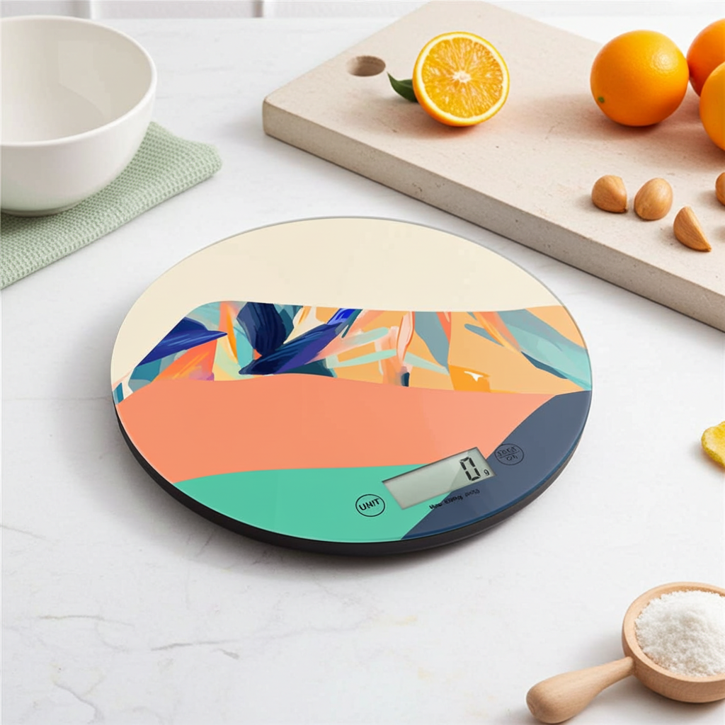 bilancia digitale da cucina con decoro moderno arancione, blu e beige, appoggiato su un piano da lavoro in cucina