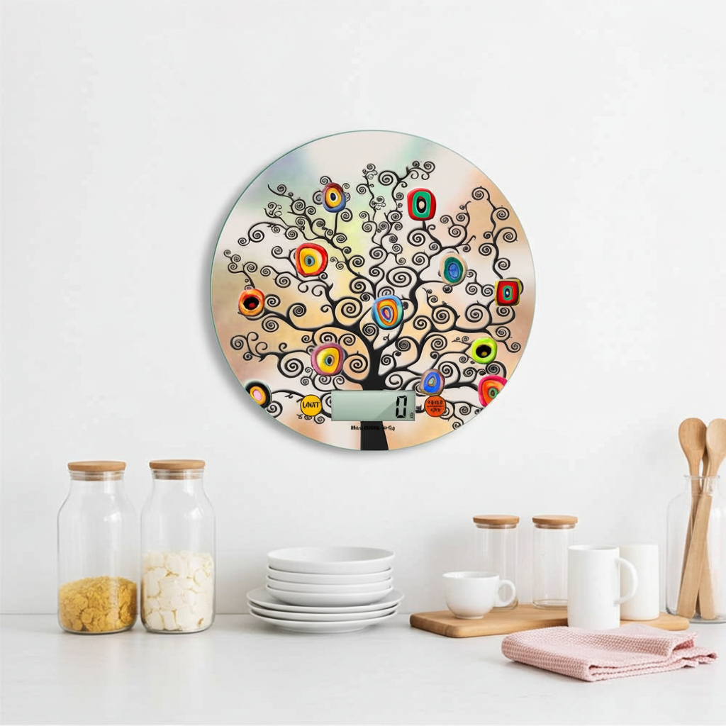 bilancia digitale da cucina con decoro albero della vita appesa in una cucina moderna bianca 