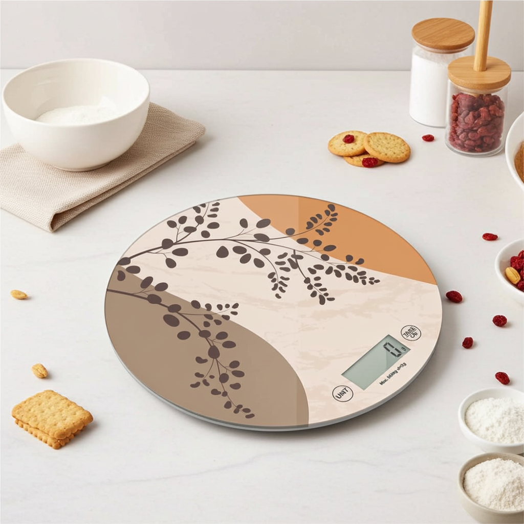 bilancia digitale da cucina moderna colore marrone e beige con dei fiori, appoggiata sul piano di lavoro di una cucina