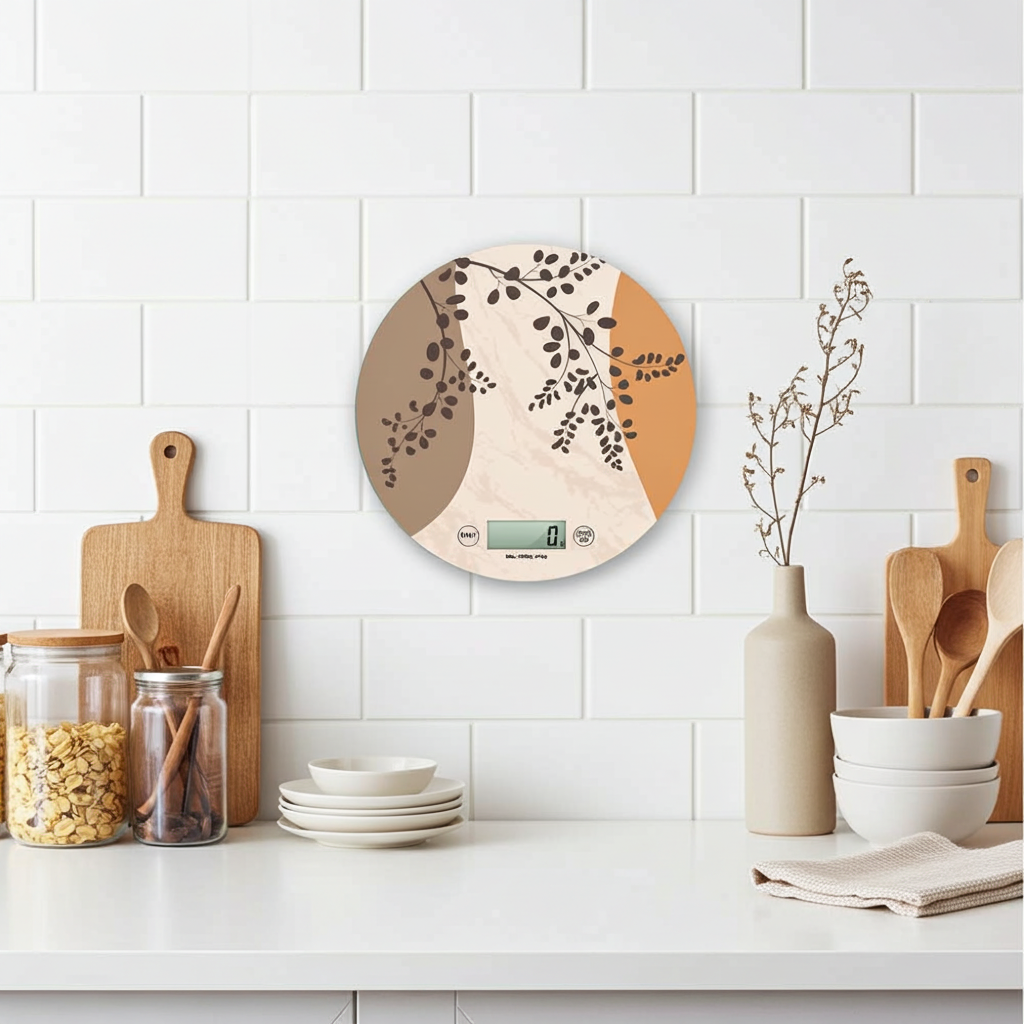 cucina bianca con mattoncini a vista ed una bilancia da cucina digitale appesa. la bilancia è di colore marrone e beige con dei fiori