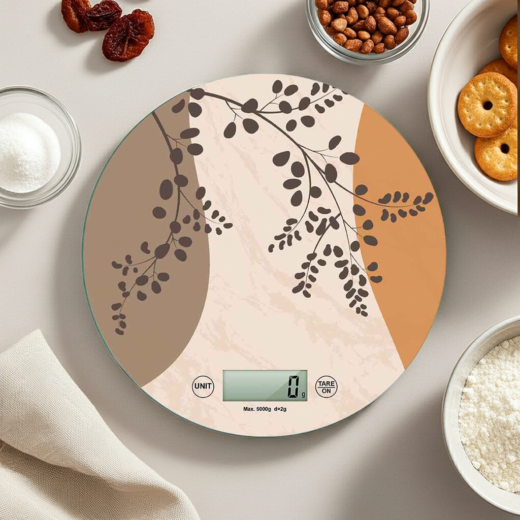 bilancia digitale da cucina con decoro marrone e beige vista dall'alto