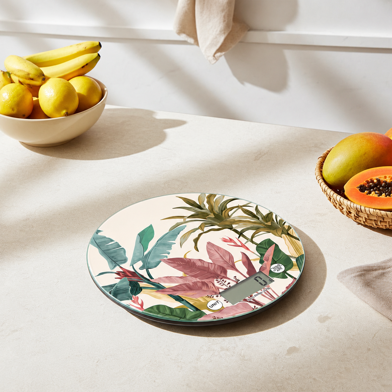 Bilancia digitale da cucina Banana Leaves in vetro su piano cucina con frutta tropicale