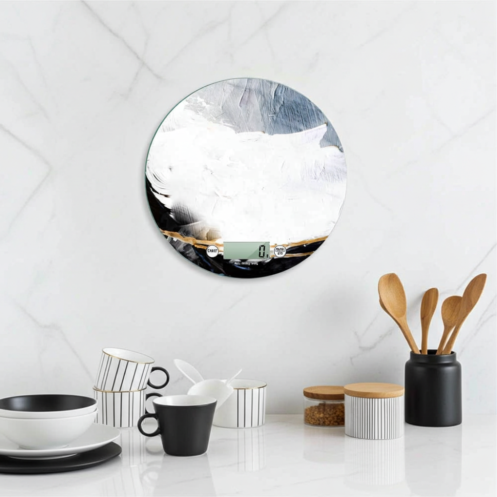 Bilancia digitale Black Wave appesa a parete in cucina moderna con accessori bianco e nero