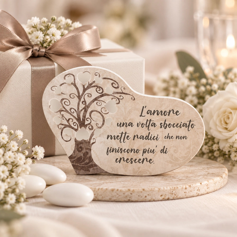 Bomboniera matrimonio a forma di cuore con albero della vita e frase sull’amore, ambientata con sacchetto, confetti e fiori bianchi.