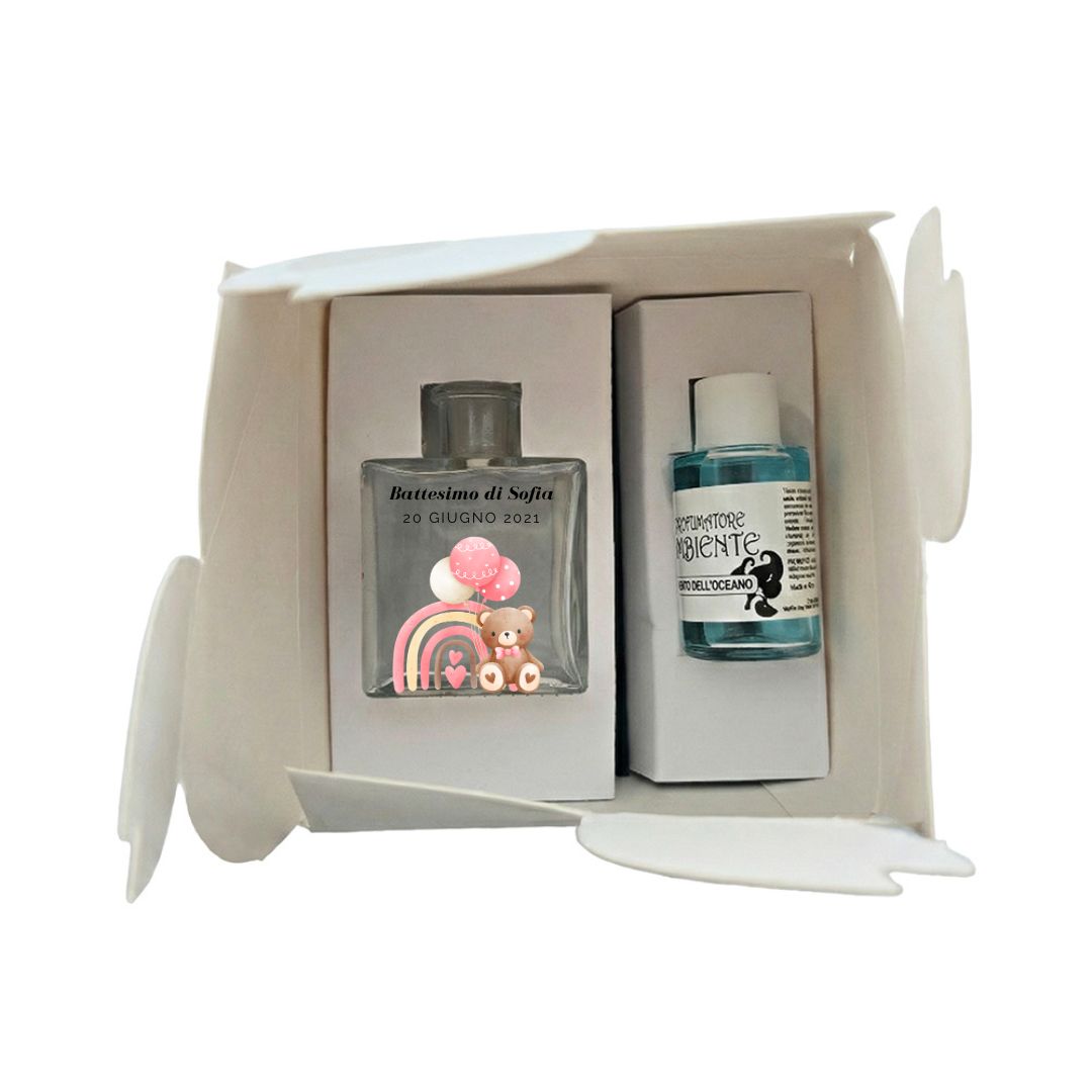 Profumatore Ambiente "Orso e Arco Rosa" – Bomboniera Elegante Personalizzabile per Battesimo e Nascita
