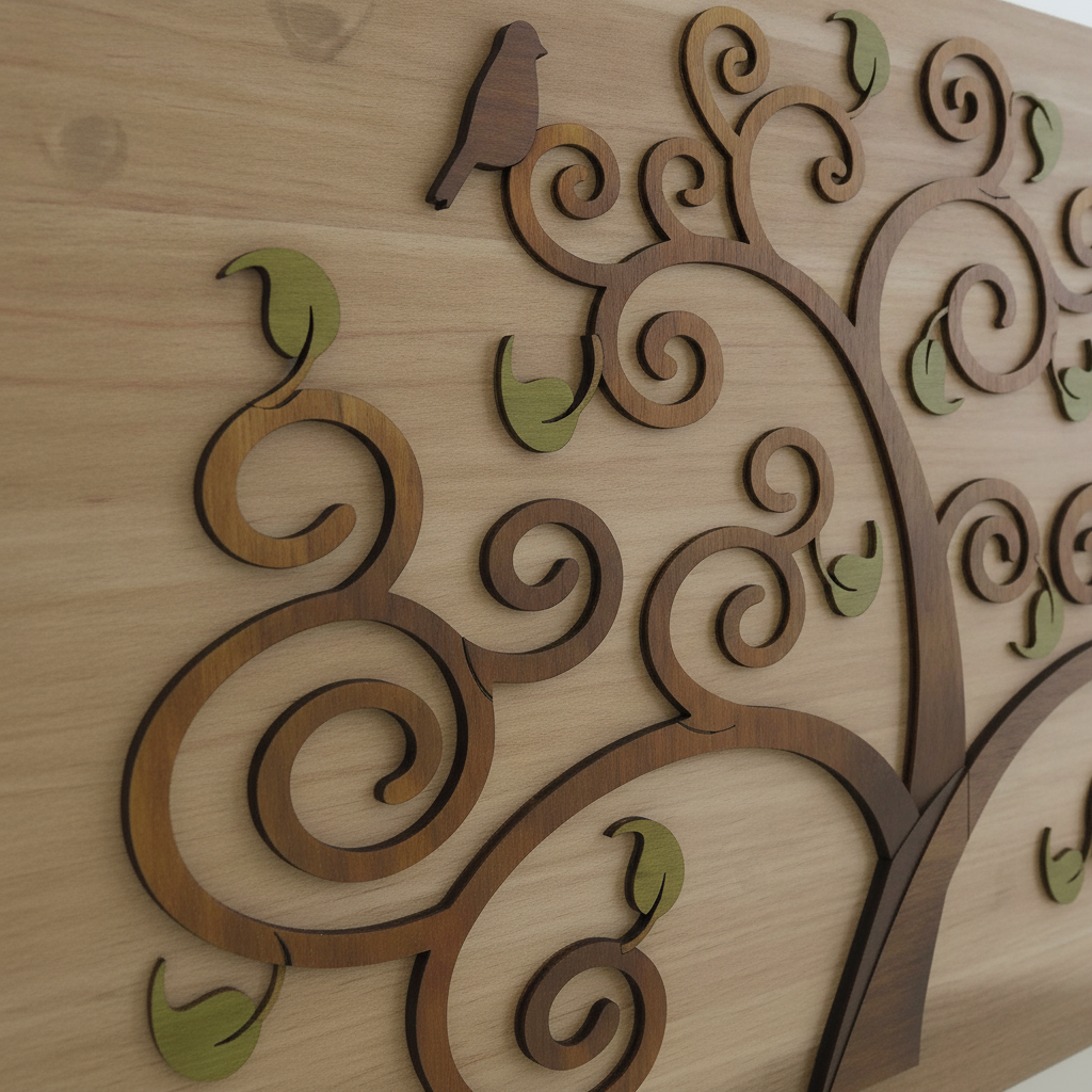 Dettaglio ravvicinato di quadro in legno con Albero della Vita a rilievo 3D, rami decorativi, foglie verdi e uccelli.