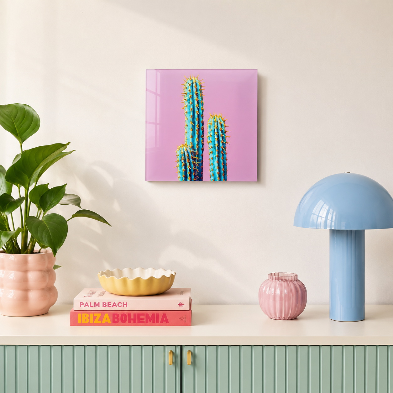 Quadro in vetro 30x30 cm con cactus azzurri su fondo rosa, ambientato in un soggiorno moderno con arredi pastello.