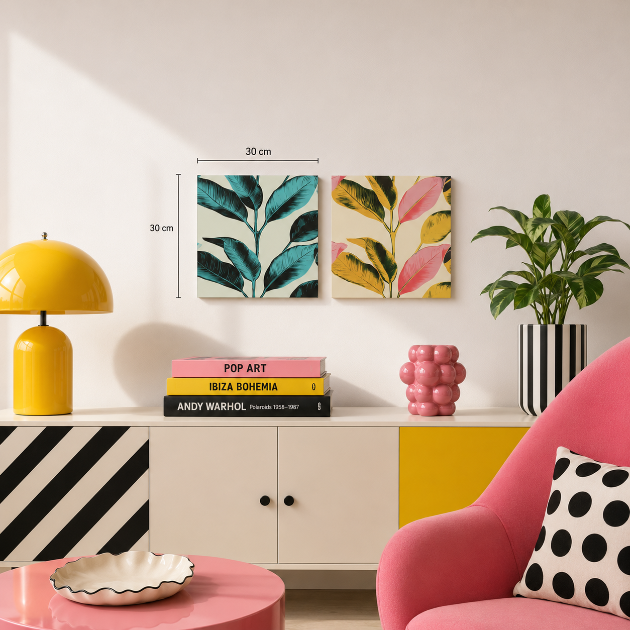 Due quadri in vetro 30x30 cm con foglie turchesi, rosa e gialle ambientati in un soggiorno moderno in stile pop art.