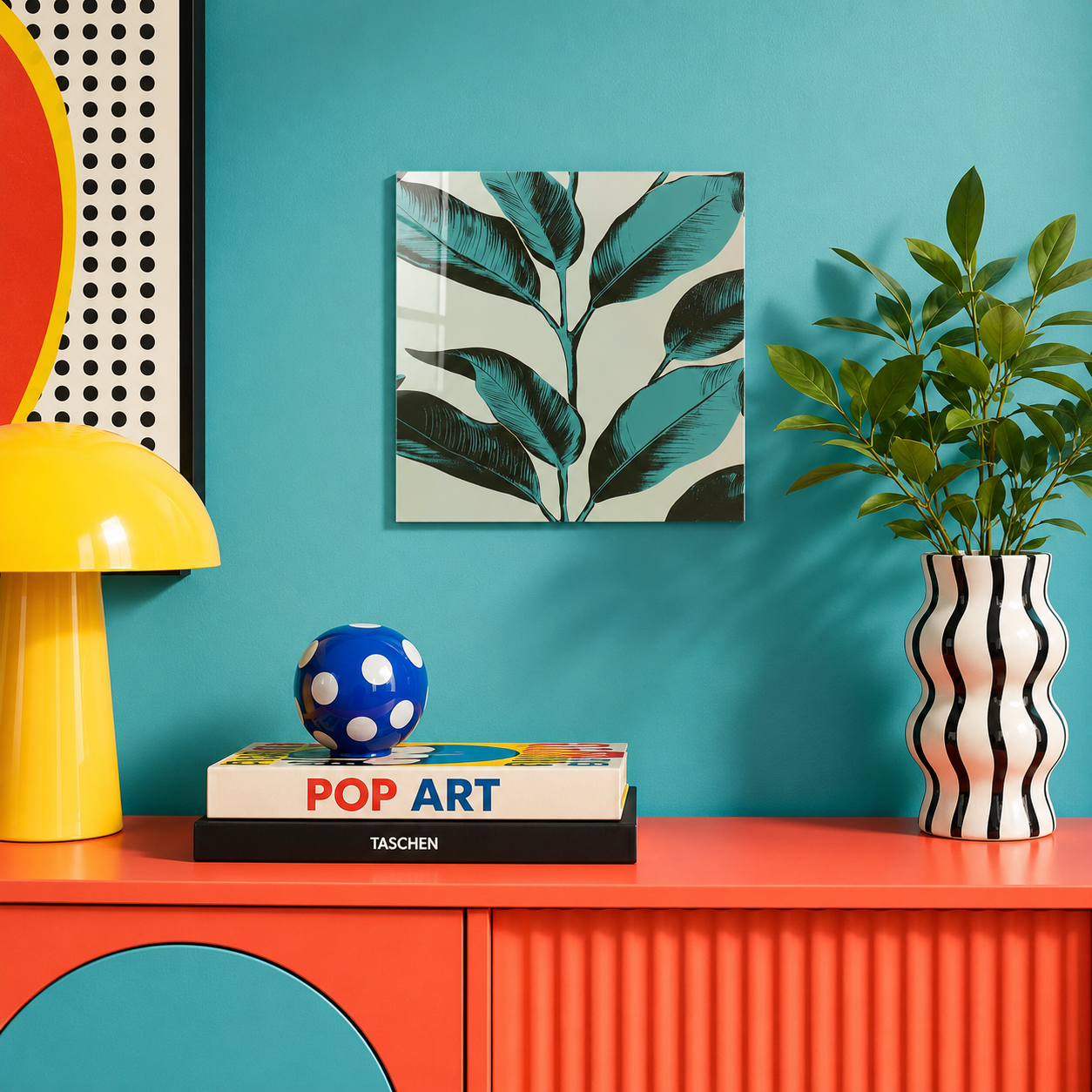 Quadro in vetro con foglie verdi e turchesi ambientato in un soggiorno pop art con parete azzurra e arredi colorati.