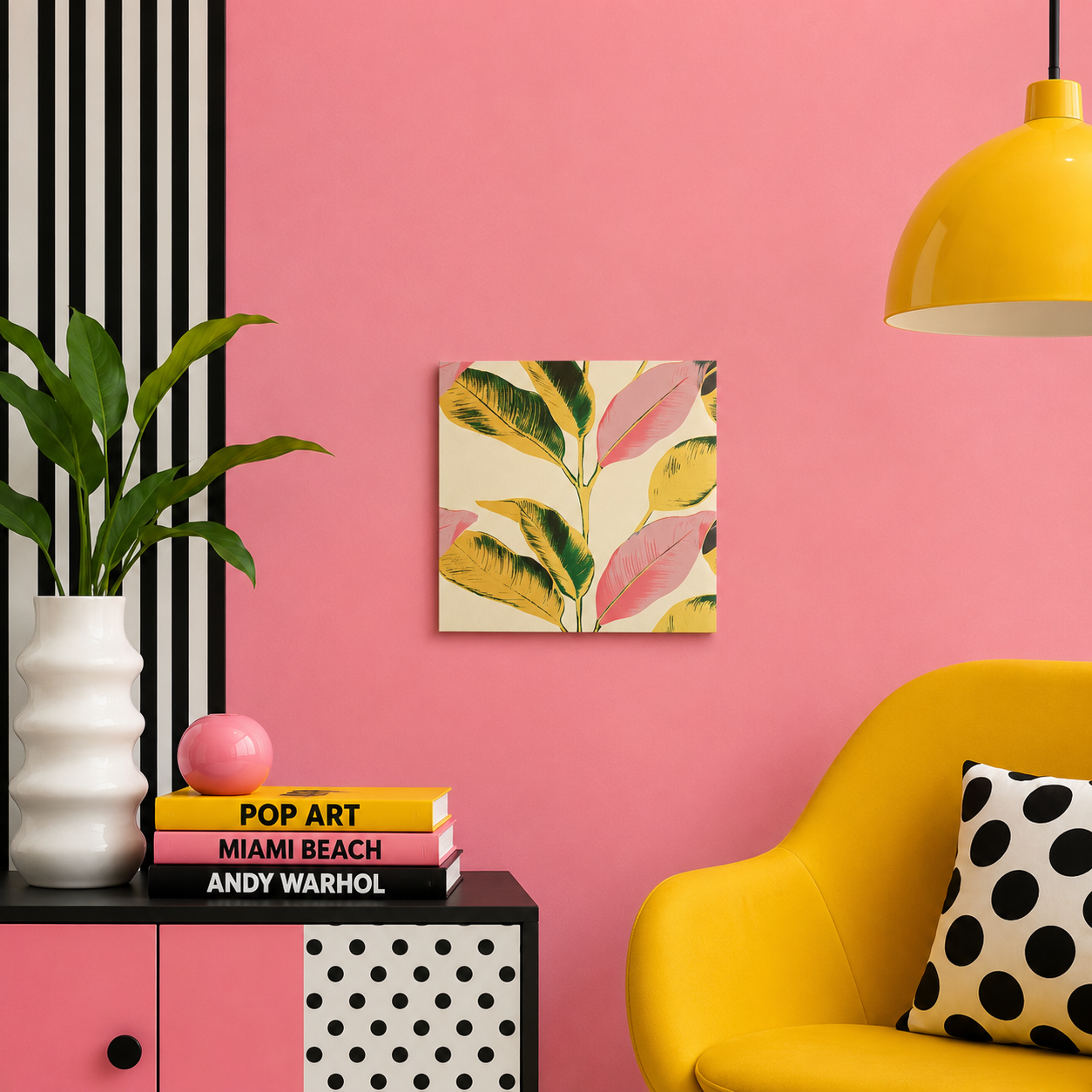 Quadro in vetro con foglie rosa e gialle ambientato in un soggiorno pop art con parete rosa e poltrona gialla