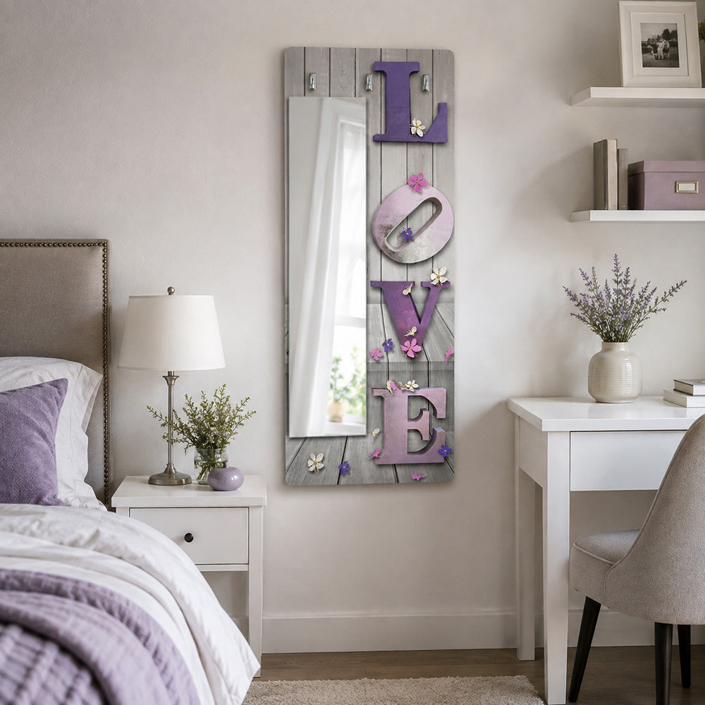 Appendiabiti da Parete con Specchio “Love in Violet” - Scritta LOVE con Fiori e Farfalle