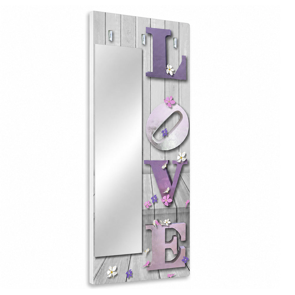 Appendiabiti da Parete con Specchio “Love in Violet” - Scritta LOVE con Fiori e Farfalle
