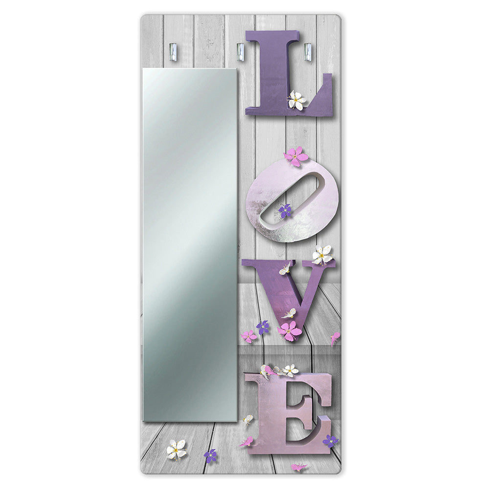 Appendiabiti da Parete con Specchio “Love in Violet” - Scritta LOVE con Fiori e Farfalle