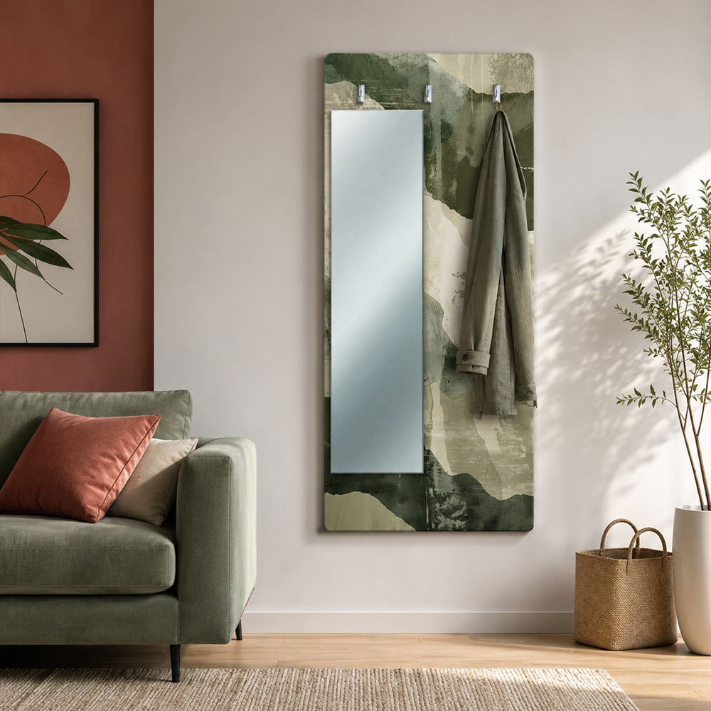 Appendiabiti da Parete con Specchio “Materia Bosco” - Forme Astratto Verde Bosco e Beige