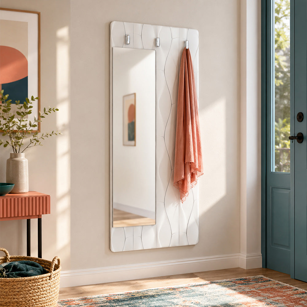 Appendiabiti da Parete con Specchio “White Motion” - Onde Geometriche in Stile Total White