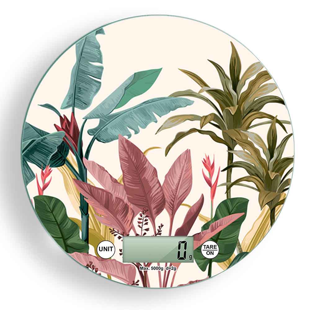 Bilancia digitale con decoro tropicale di foglie verdi, rosa e gialle, su sfondo chiaro, ispirazione botanica e naturale.
