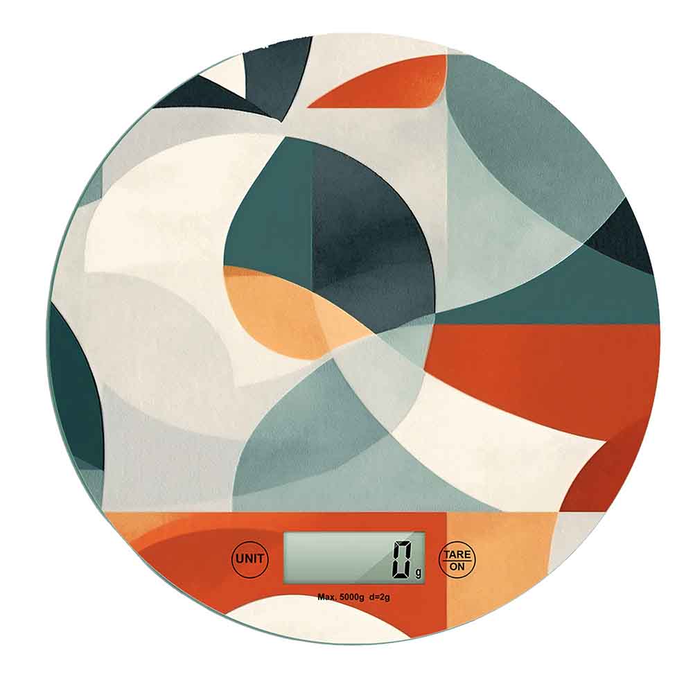Bilancia digitale con grafica minimal astratta, composizione di forme geometriche sovrapposte in toni verde petrolio, arancio e crema.