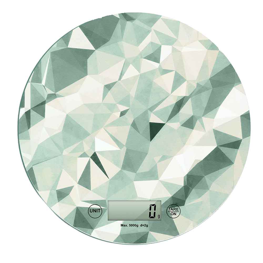 Bilancia digitale da cucina tonda in vetro con elegante pattern geometrico effetto diamante in sfumature verdi e panna.