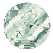 Bilancia digitale da cucina tonda in vetro con elegante pattern geometrico effetto diamante in sfumature verdi e panna.