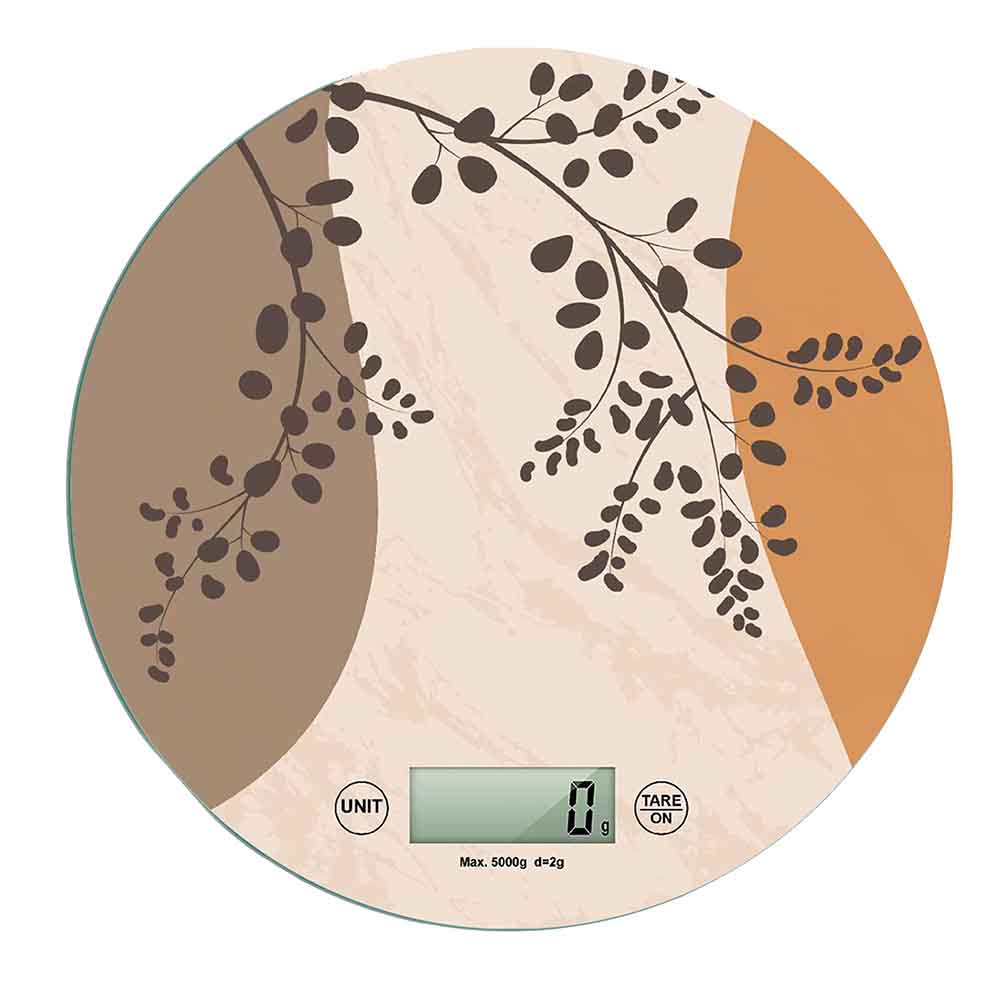 Bilancia da cucina digitale con design botanico minimal, rami e foglie marroni su sfondo effetto marmo in toni caldi e neutri.