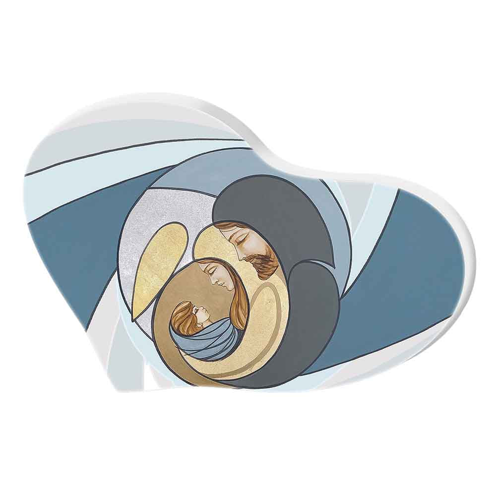 Bomboniera a forma di cuore con Sacra Famiglia dai colori delicati, aureole dorate e sfondo bianco con bordo decorativo finemente lavorato.