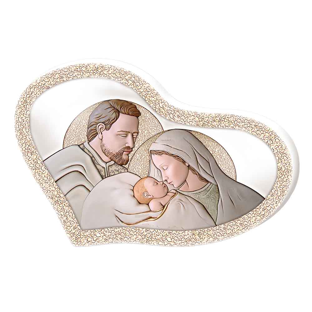 Bomboniera con Sacra Famiglia racchiusa in forme concentriche su sfondo blu, con decorazioni geometriche in oro, argento e tonalità pastello.