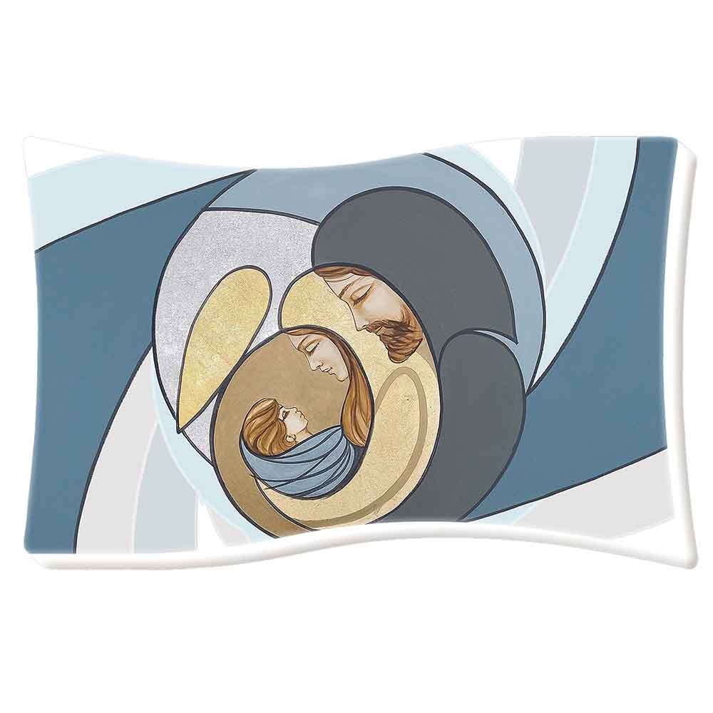 Bomboniera rettangolare con Sacra Famiglia su sfondo bianco, aureole dorate e cornice a rilievo chiaro, effetto decorativo elegante e luminoso.