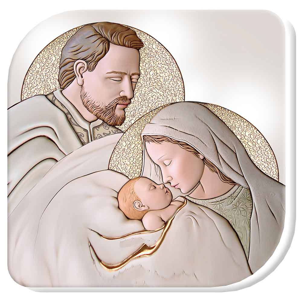 Bomboniera quadrata con Sacra Famiglia in primo piano, aureole dorate e sfondo bianco lucido, arricchita da dettagli caldi ed eleganti.