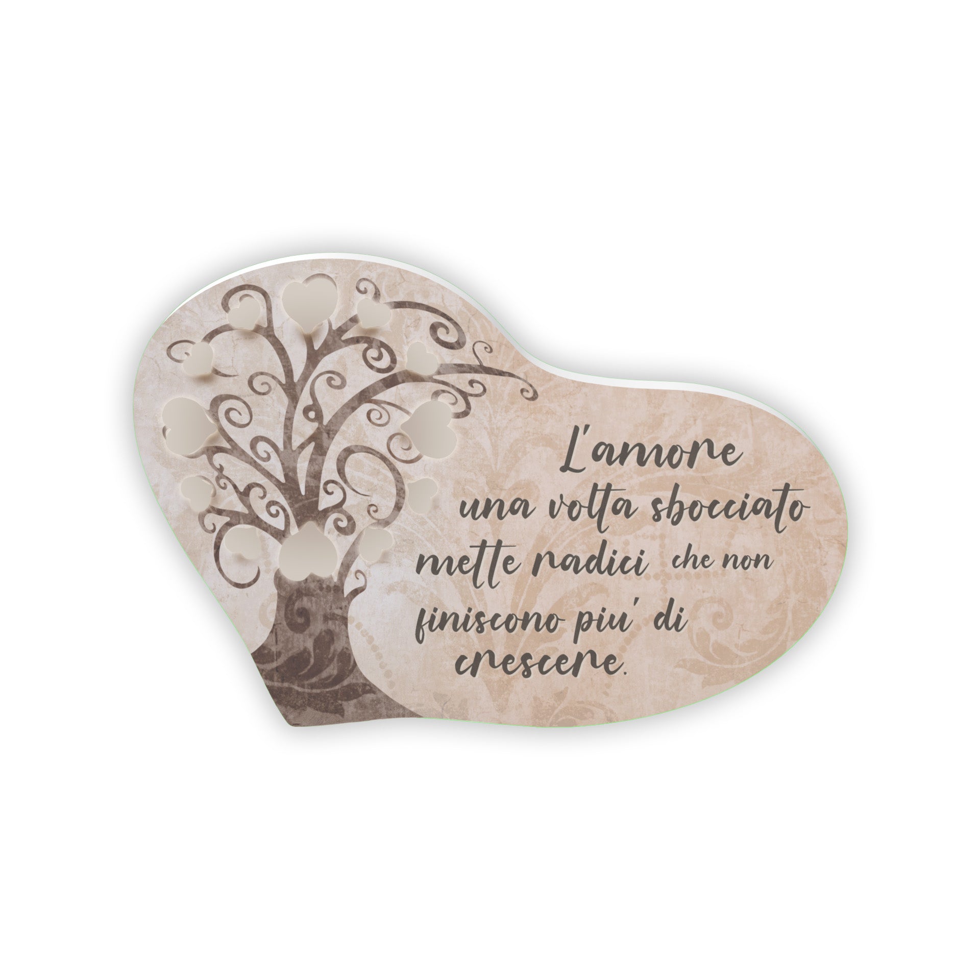 Bomboniera a cuore con albero della vita e scritta romantica ‘L’amore una volta sbocciato mette radici’, su sfondo beige con ornamenti floreali.