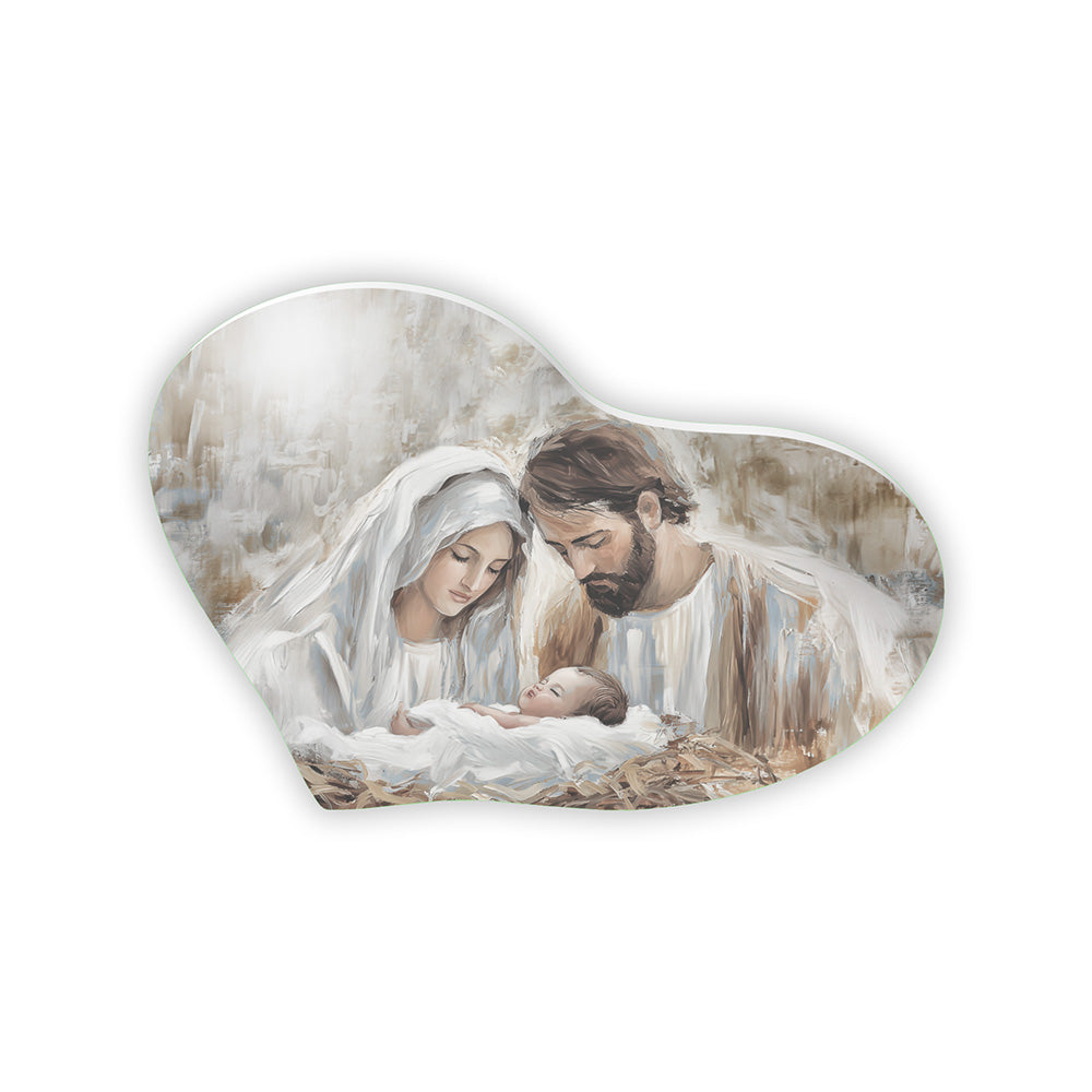 Bomboniera a cuore Sacra Famiglia frontale, stile pittorico acrilico colori neutri chiari, Maria Giuseppe e Gesù neonato nel fieno