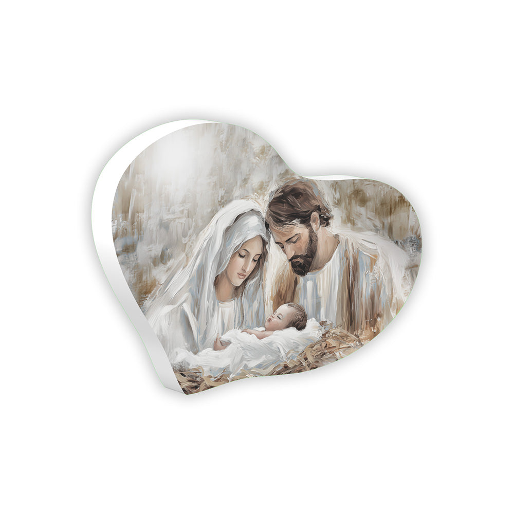 Bomboniera a cuore Sacra Famiglia vista laterale, stile dipinto a olio acrilico con toni bianchi e beige caldi, Maria Giuseppe e Gesù Bambino