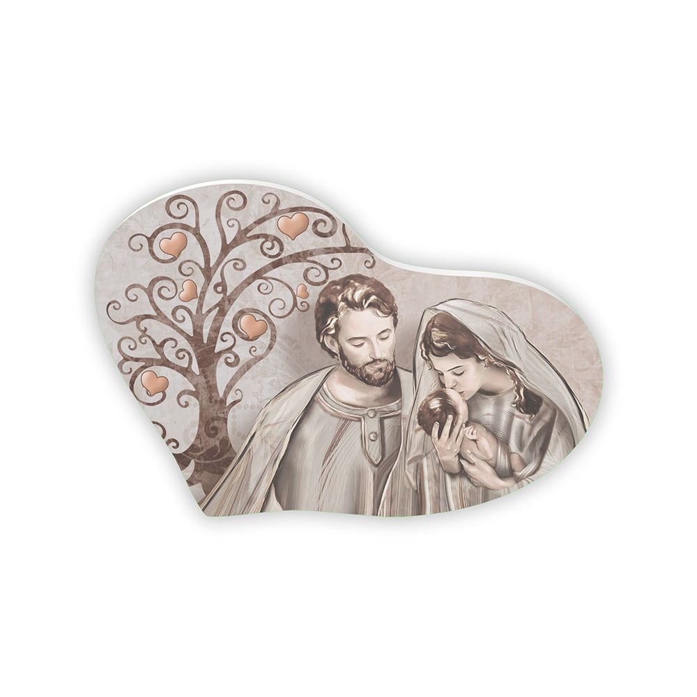 Bomboniera a cuore con Sacra Famiglia e albero della vita decorato con cuori ramati, su sfondo beige con texture elegante e raffinata.