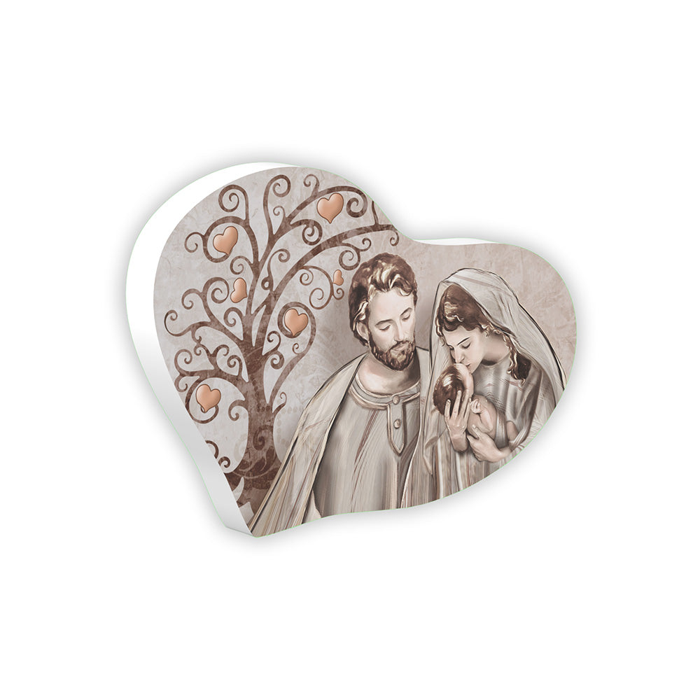 Bomboniera a cuore beige Sacra Famiglia con albero della vita dorato e cuori ramati, Maria e Giuseppe con Gesù Bambino in braccio