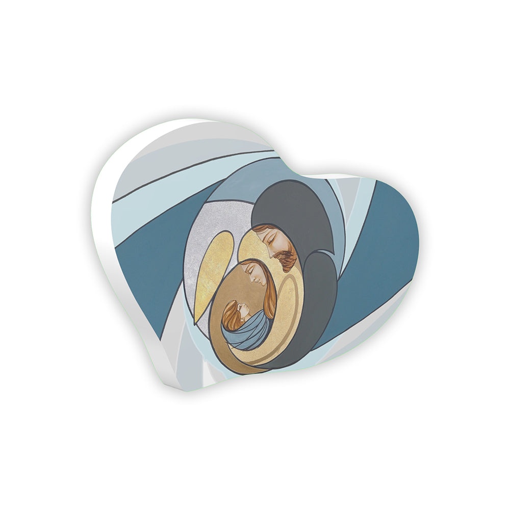 Bomboniera a cuore Sacra Famiglia moderna geometrica, sfondo blu petrolio, figure astratte blu grigio e oro con neonato al centro