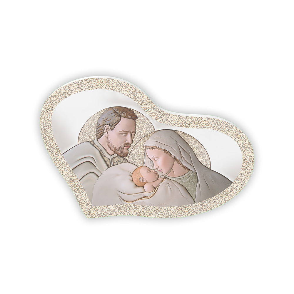 Bomboniera con Sacra Famiglia racchiusa in forme concentriche su sfondo blu, con decorazioni geometriche in oro, argento e tonalità pastello.